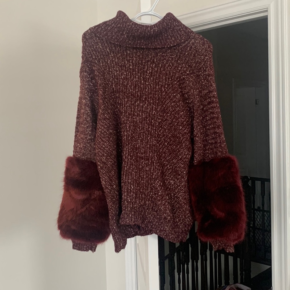 Bebe Turtleneck Faux Fur Sleeve Sweater
